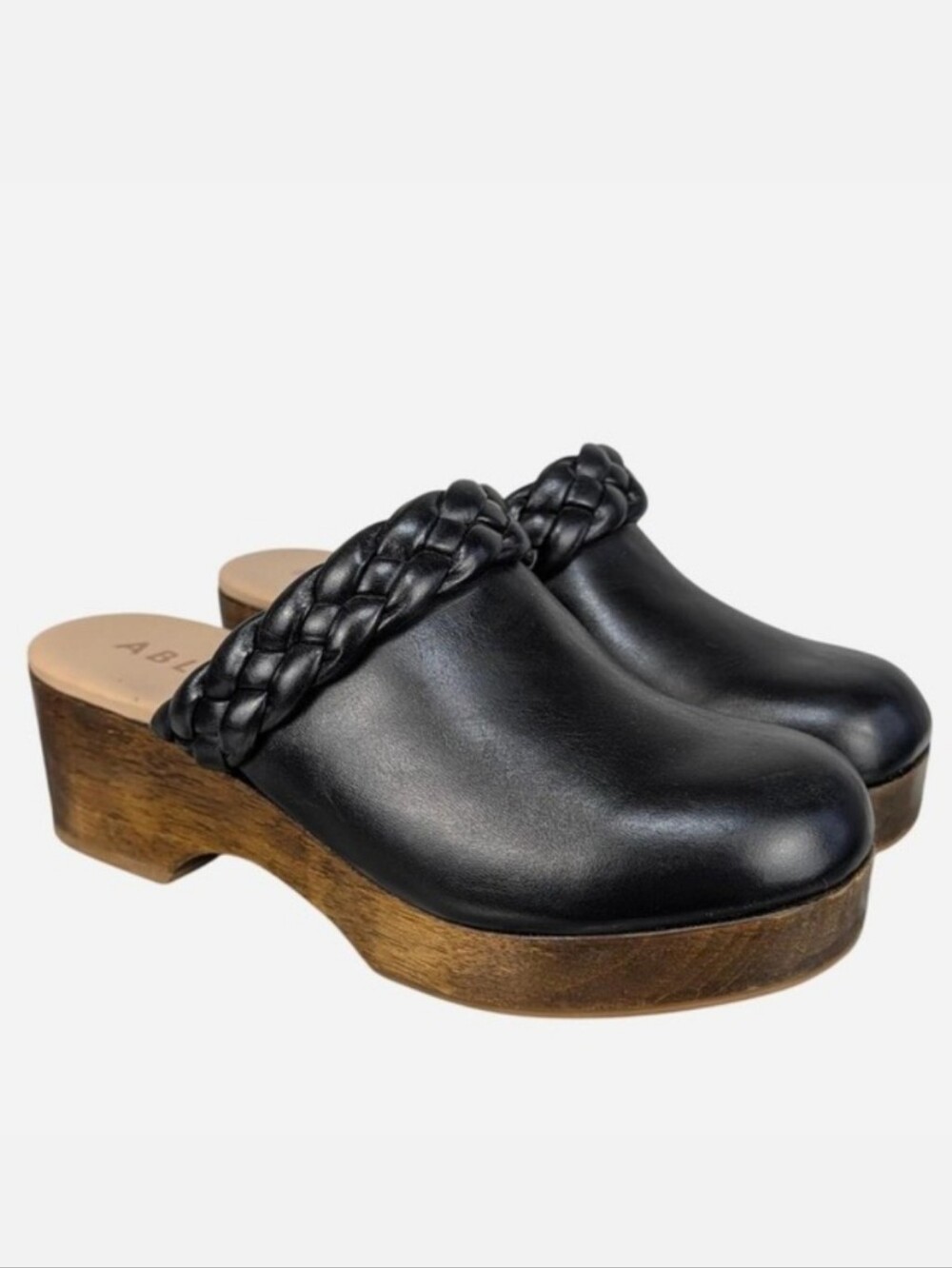 Able Whiley Braided Leather Clog Black Wood Heel Slip On Mule Size 9.5